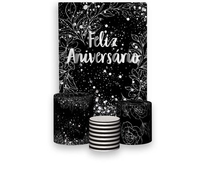 Imagem de Painel De Festa Vertical 1,50 x 2,20 + Trio De Capas Cilindro - Feliz Aniversário Fundo Preto Efeito Brilhos Prateado 002