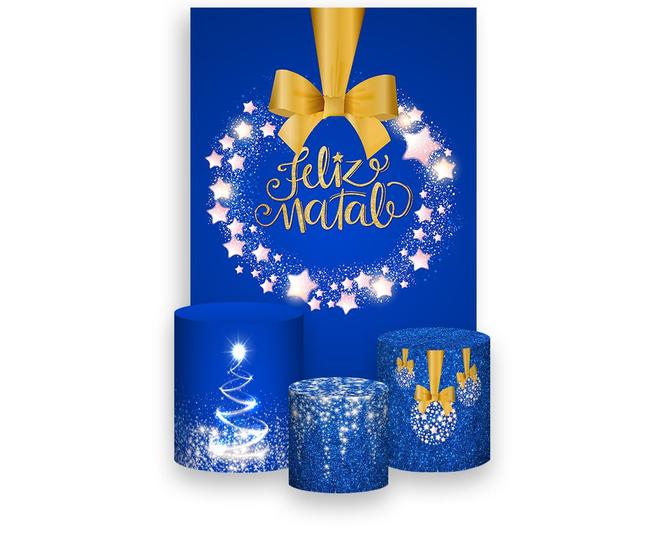 Imagem de Painel De Festa Vertical 1,50 x 2,20 + Trio De Capas Cilindro - Feliz Natal Azul Efeito Glitter Dourado 033