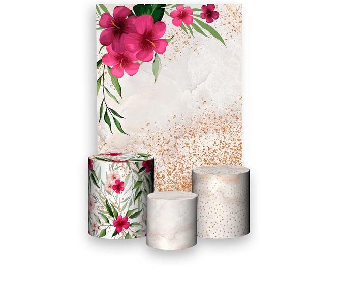 Imagem de Painel De Festa Vertical 1,50 x 2,20 + Trio De Capas Cilindro - Flores Rosa Efeito Glitter 004