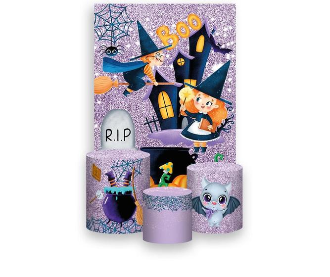 Imagem de Painel De Festa Vertical 1,50 x 2,20 + Trio De Capas Cilindro - Halloween Bruxinha Cute 029