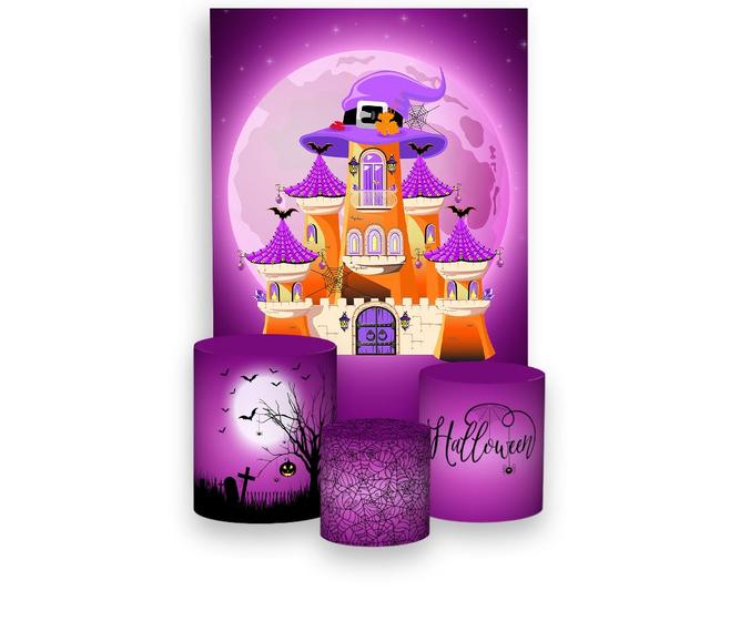 Imagem de Painel De Festa Vertical 1,50 x 2,20 + Trio De Capas Cilindro - Halloween Roxo Casa de Bruxa 024