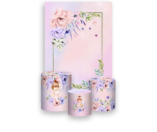 Imagem de Painel De Festa Vertical 1,50 x 2,20 + Trio De Capas Cilindro - Jardim Florido Rosa e Lilás 053