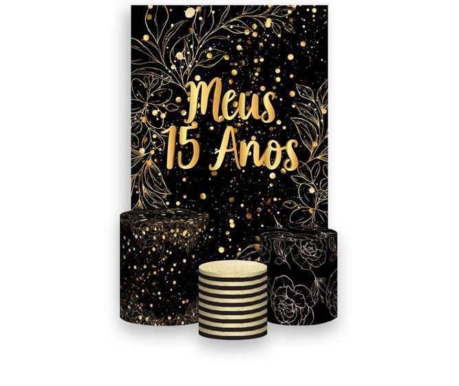 Imagem de Painel De Festa Vertical 1,50 x 2,20 + Trio De Capas Cilindro - Meus 15 Anos Dourado 083