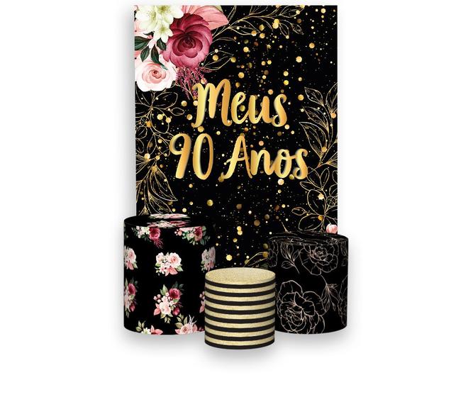 Imagem de Painel De Festa Vertical 1,50 x 2,20 + Trio De Capas Cilindro - Meus 90 Anos Floral Efeito Brilhos Dourado 021