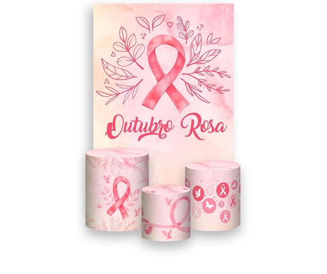 Imagem de Painel De Festa Vertical 1,50 x 2,20 + Trio De Capas Cilindro - Outubro Rosa Aquaela com Folhagens 001