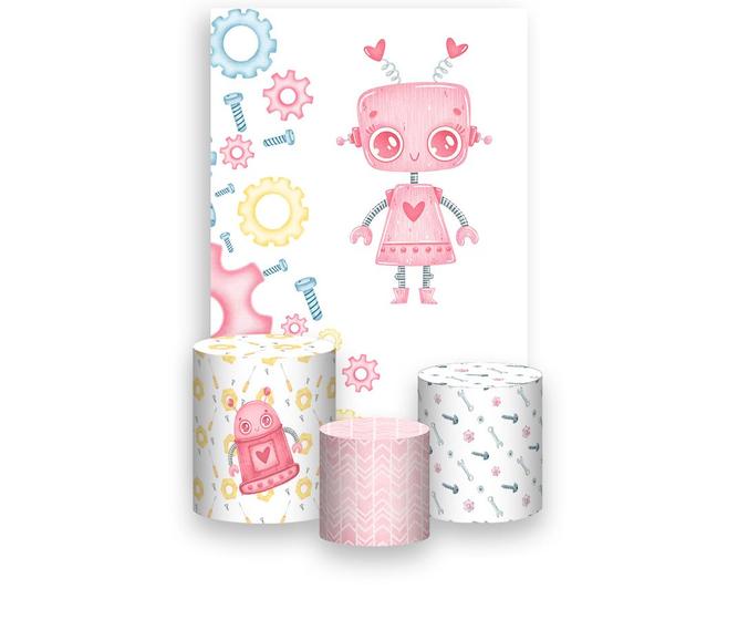 Imagem de Painel De Festa Vertical 1,50 x 2,20 + Trio De Capas Cilindro -  Robôzinho Cute Rosa 010