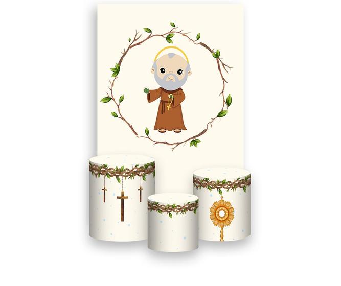 Imagem de Painel De Festa Vertical 1,50 x 2,20 + Trio De Capas Cilindro - Santo São Padre Pio Católico Cute 007