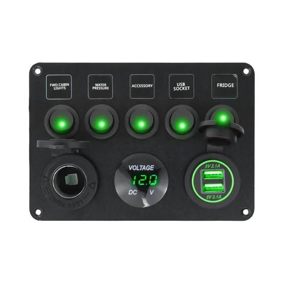 Imagem de Painel de Interruptor para Barco - 5 Gangues, à Prova d'Água, com USB Duplo e Saída 12V