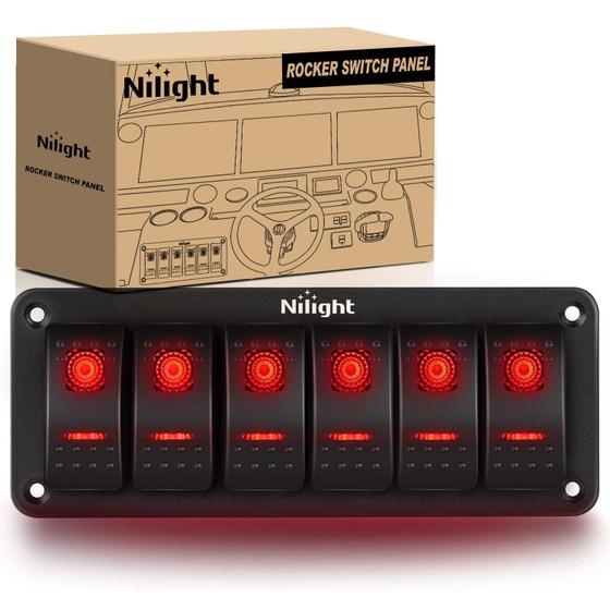 Imagem de Painel de Interruptores Nilight 6 Gang Rocker 12V/24V com Retroiluminação Vermelha