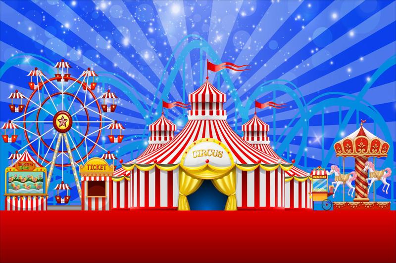 Imagem de Painel de Lona Circo Roda Gigante e Montanha Russa Fundo Azul Brilhante