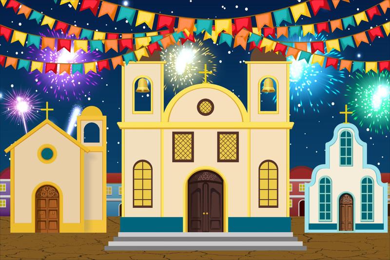Imagem de Painel de Lona Festa Junina Arraiá Igrejas Bandeirinhas Noite Fogos de Artificio 100x070cm