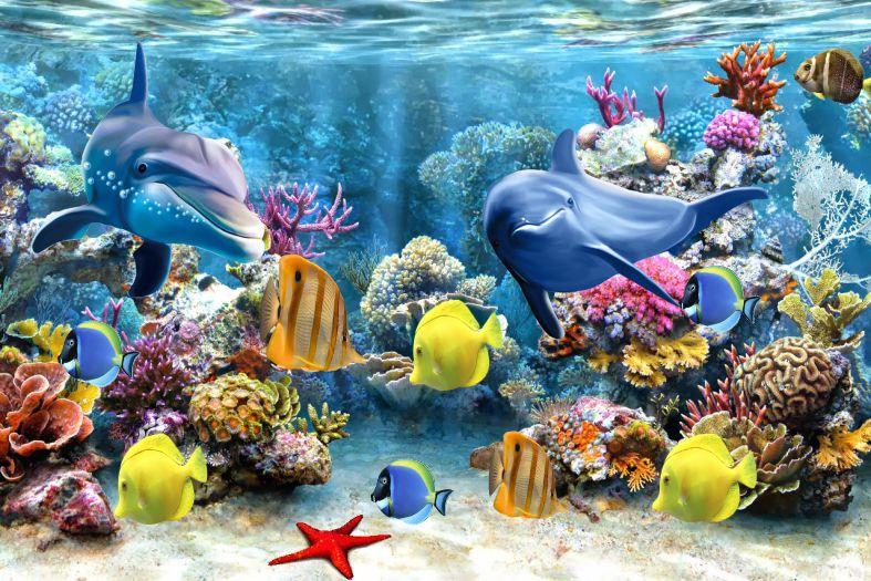 Imagem de Painel de Lona Fundo do mar Golfinhos e peixes - 200x150cm