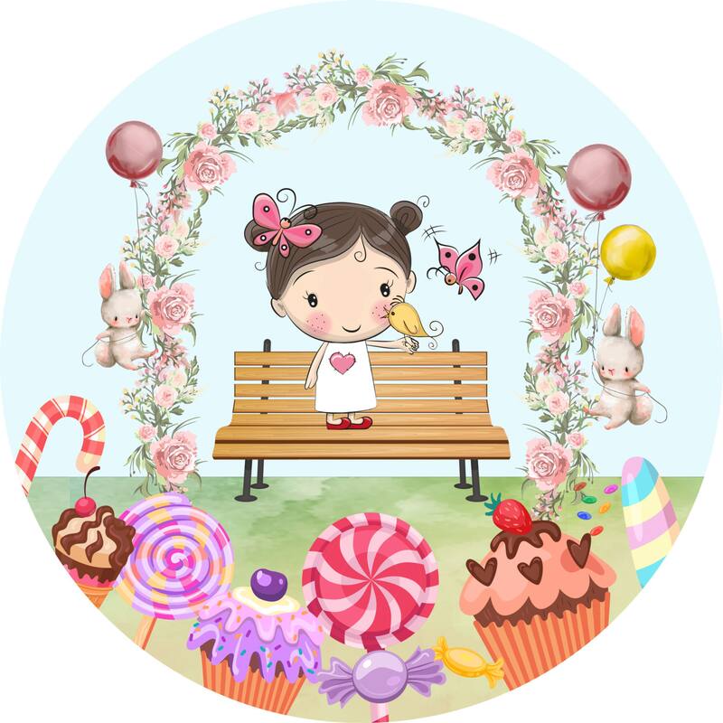 Painel de Lona Redondo Bonequinha Cute Flores e Doces - Fabrika De ...