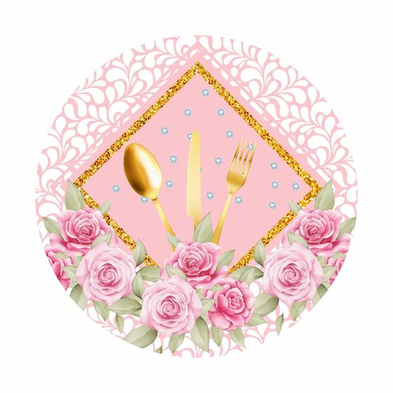 Imagem de Painel de Lona Redondo Chá de Cozinha Flores  Aquarelas e Diamantes e Talheres Dourados