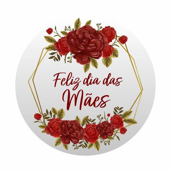 Imagem de Painel de Lona Redondo Feliz Dia das Mães Rosas Vermelhas Formas Douradas