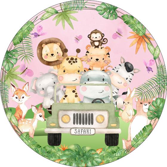 Imagem de Painel de Lona Redondo Safari Aquarela Jeep Fundo Rosa Animais da Floresta