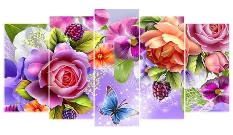 Imagem de Painel De Quadro Mosaico 5 Partes Para Sala Flores Borboleta