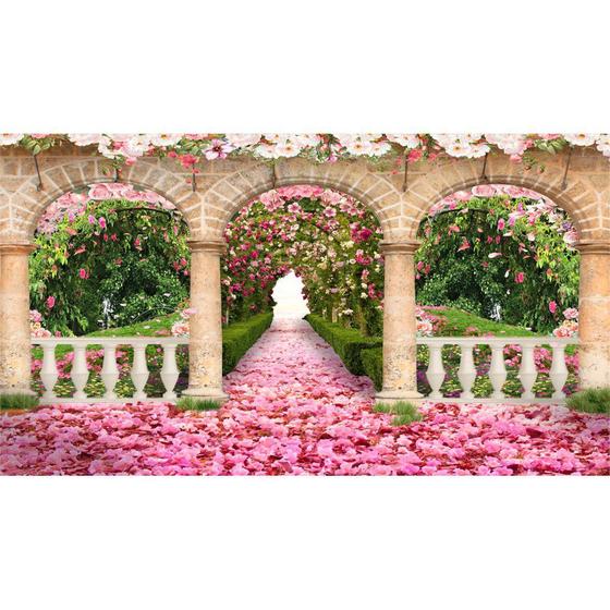 Imagem de Painel de Tecido Sublimado Jardim de Flores Arcos de Pedra