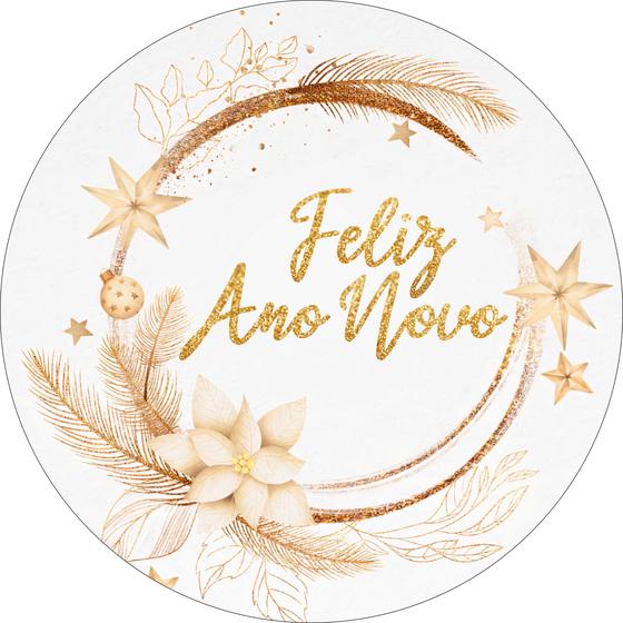 Painel de Tecido Sublimado Redondo Feliz Ano Novo Dourado Estrelas e ...