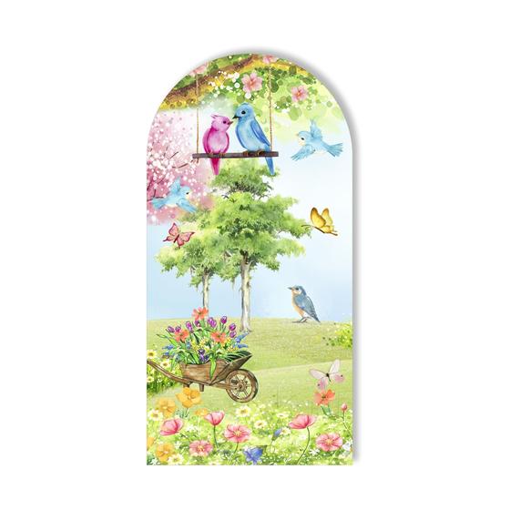 Imagem de Painel de Tecido Sublimado Romano Jardim Mágico Aquarela Flores Borboletas e Pássaros 200x100cm