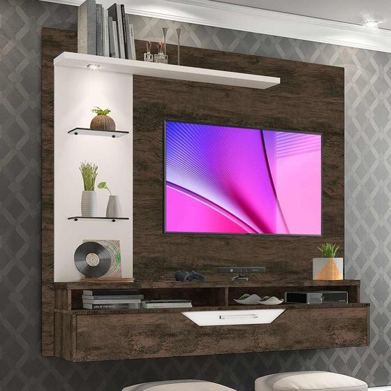 Imagem de Painel De Tv Com Prateleiras De Vidro E Led Nogal Off White Carmolar