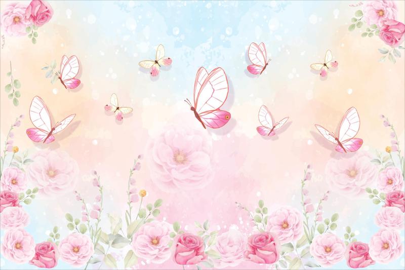 Painel em Tecido Sublimado Borboletas flores rosas aquarela - Fabrika ...