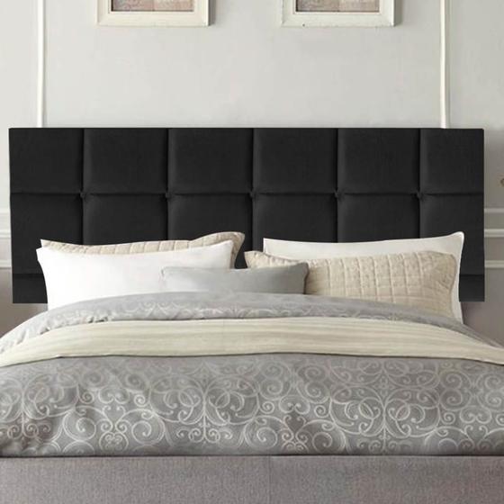 Imagem de Painel Estofada Damares 160 cm Queen Size Quarto para Cama Box material sintético Preto - Damaffê Móveis