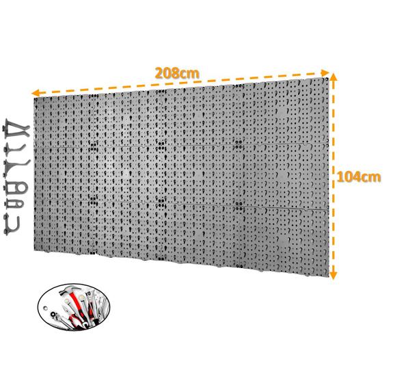 Imagem de Painel Expositor De Ferramentas Modular 208cm x 104cm Em Plástico Perfurado Com 168 Ganchos Parede Cinza - AMZ