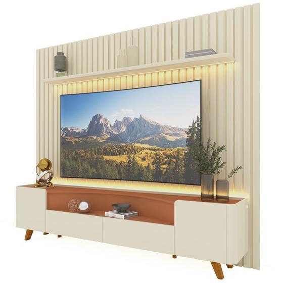 Imagem de Painel Gelius Nobre e Rack Infinity com LED para TV de ate 85 polegadas pês de madeira OFF White Terracota