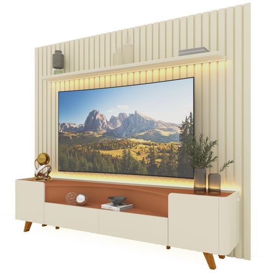 Imagem de Painel Gelius Ripado Nobre e Rack Infinity com LED para TV de ate 85 polegadas pês de madeira OFF White Terracota