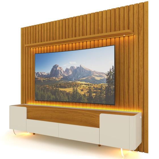 Imagem de Painel Gelius Ripado Nobre e Rack Infinity com LED para TV de ate 85 polegadas pês de vidro Naturale OFF White