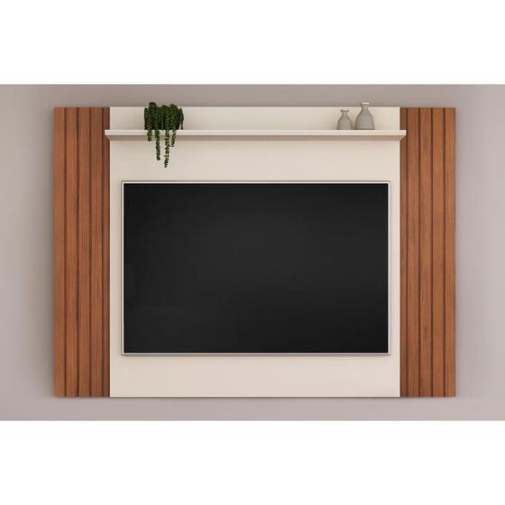 Imagem de Painel Home p/TV até 55 Polegadas Trend Ripado Extensível c/ Prateleira 108x150cm Freijo/Off White - DJ Móveis