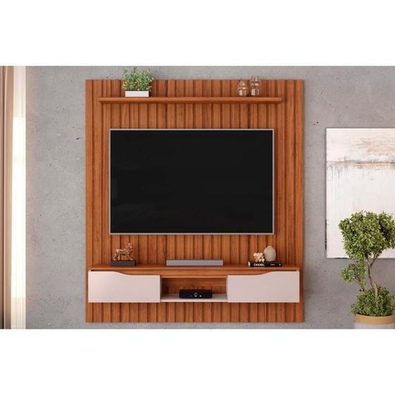 Imagem de Painel Home p/ TV até 65 Polegadas Isac 160 c/ Prateleira e Bancada 156x175cm Freijó/Off White - DJ Móveis