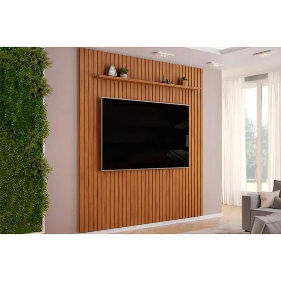 Imagem de Painel Home p/TV até 85 Polegadas Pratic Ripado c/ Prateleira 250x212cm Freijo - DJ Móveis