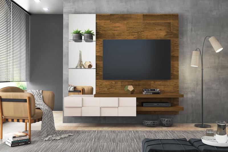 Imagem de Painel Home Suspenso para Tv 55" Lago Tronco Ripado / Creme 100% MDF Deseo