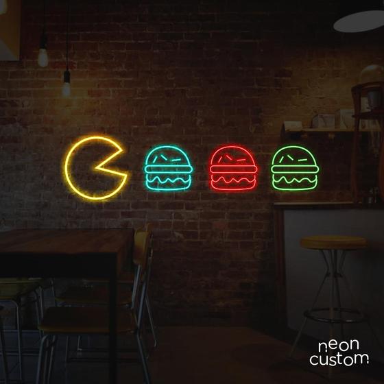 Imagem de painel letreiro led Neon Pacman Hamburguer decoracao festa bar