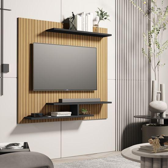 Imagem de Painel Para TV até 32 Polegadas Com Prateleiras Oscar Plus cor Ripado / Preto - Comprar Moveis para sua Casa