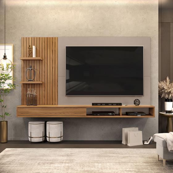 Painel para TV até 60 Polegadas Ripado com Nichos DJ Móveis Bento Carvalho Griz Imagem de Painel para TV até 60 Polegadas Ripado com Nichos DJ Móveis Bento Carvalho Griz
