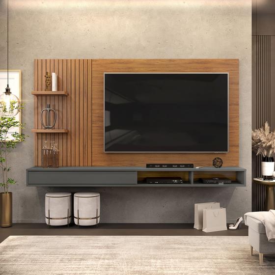 Painel para TV até 60 Polegadas Ripado com Nichos Dj Móveis Bento Freijó Cinza Imagem de Painel para TV até 60 Polegadas Ripado com Nichos Dj Móveis Bento Freijó Cinza