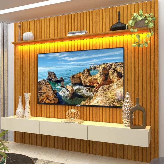 Imagem de Painel para TV até 90 Polegadas 229x250cm Ripado com LED 3 Gavetas 100% MDF