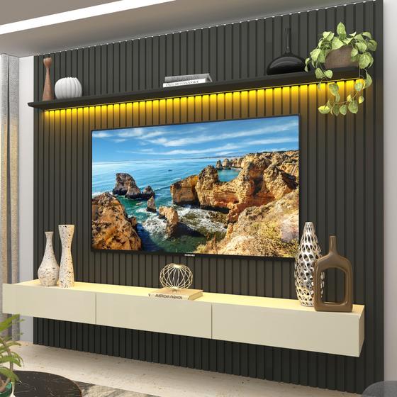 Imagem de Painel para TV até 90 Polegadas 229x250cm Ripado com LED 3 Gavetas 100% MDF