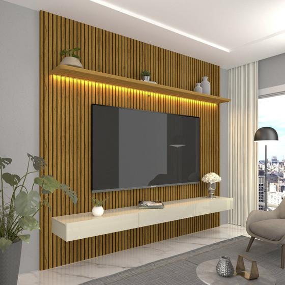 Imagem de Painel para TV até 90 Polegadas Impressão Ripada com LED com Gaveta 220cm 100% MDF Requinte