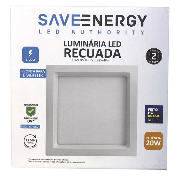 Imagem de Painel Plafon Led Embutir Recuado 22,5X22,5cm 20W 4000K Bivolt Branco - Save Energy - SE-240.1652