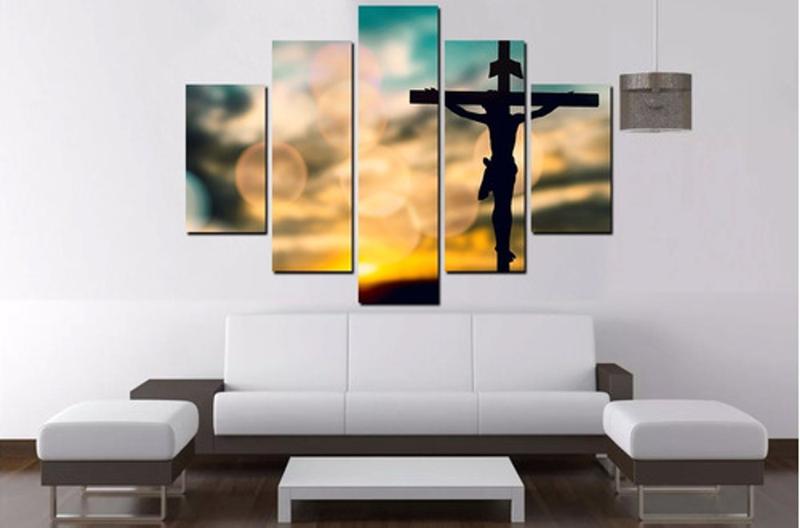 Imagem de Painel Quadro Mosaico Par Sala 5 Partes Jesus Cristo Na Cruz