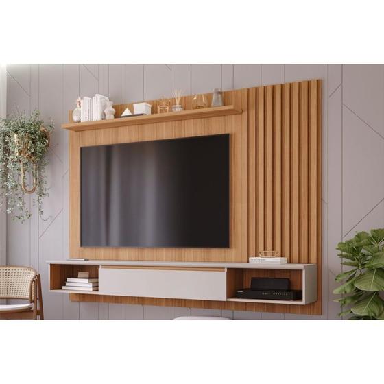 Imagem de Painel Quarto p/ TV até 65 Pol Bahamas Ripado c/ 1 Porta 215X157cm Nature/Off White - Permóbili