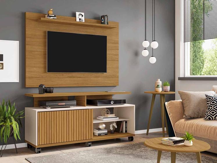 Menor preço em painel rack de tv 50 polegadas + 2 mesinhas sala 5 prateleiras com rodas 136 cm marrom e off white
