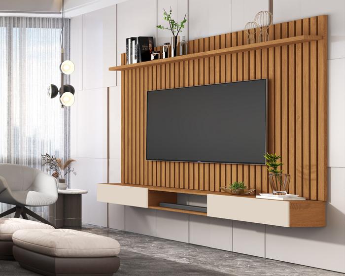 Imagem de Painel Ripado Classic 1.8 + Nicho 1.8 p/ TV até 75'' Nature/Off White - Giga Móveis