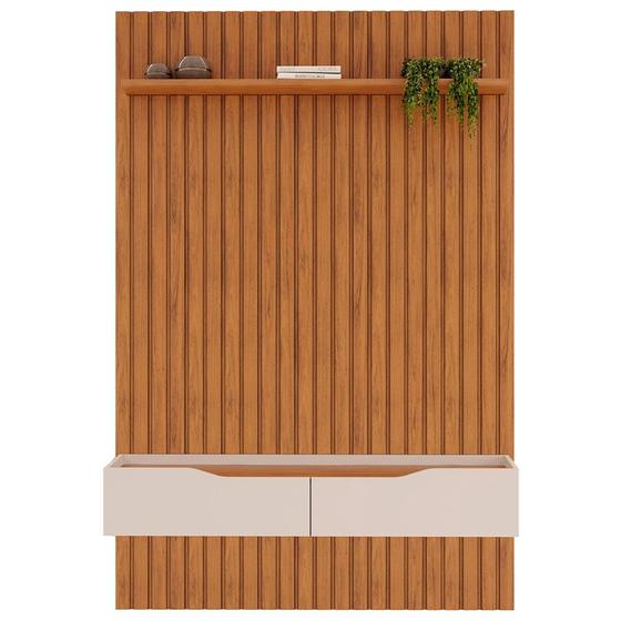 Imagem de Painel Ripado Para Sala TV 60 Pol com Bancada Suspensa 143x212cm Facile D05 Freijó - Lyam Decor