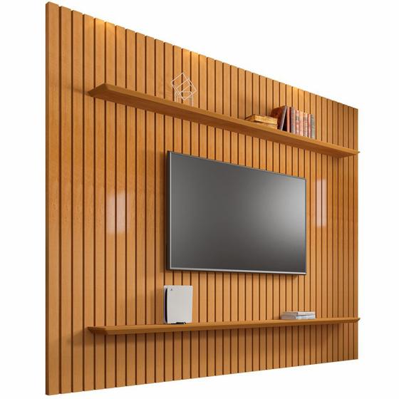 Imagem de Painel RV Móveis Ripado Roma com prateleiras para TV de até 75 polegadas largura de 2,18 metros cinamomo