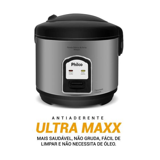 Panela de Arroz Elétrica Philco PPAE01 em destaque com texto promocional 'ANTIADERENTE ULTRA MAXX'.